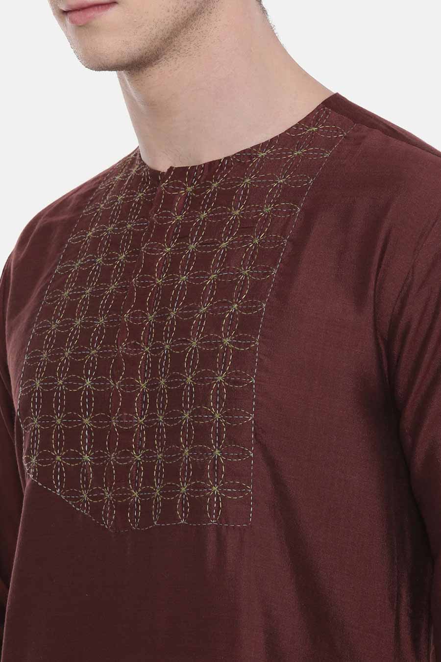 Brown Stitch-Detailed Kurta Set