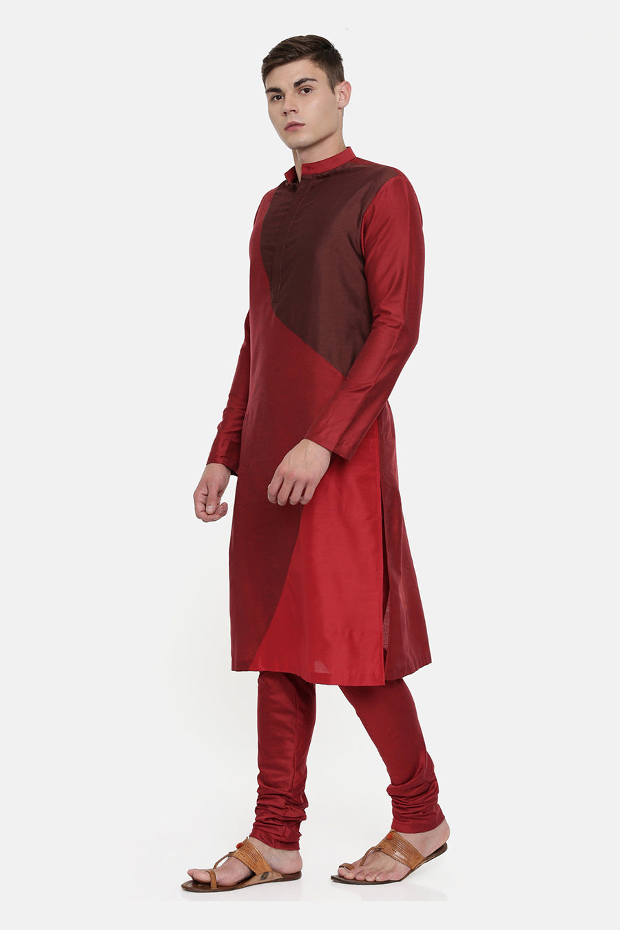Maroon Colour-Blocked Kurta Set