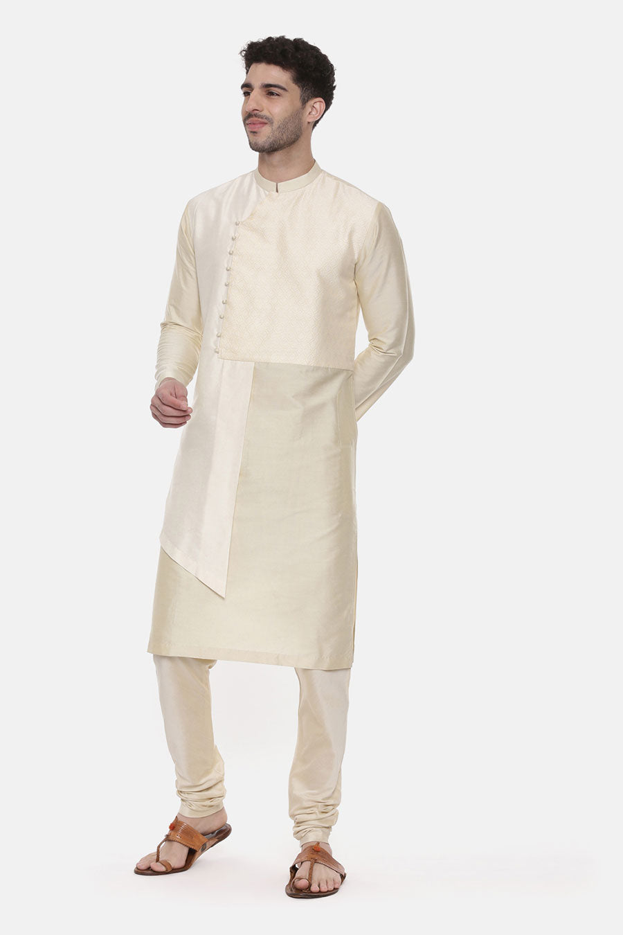 Beige & Ivory Stitch-Detailed Panel Kurta Set
