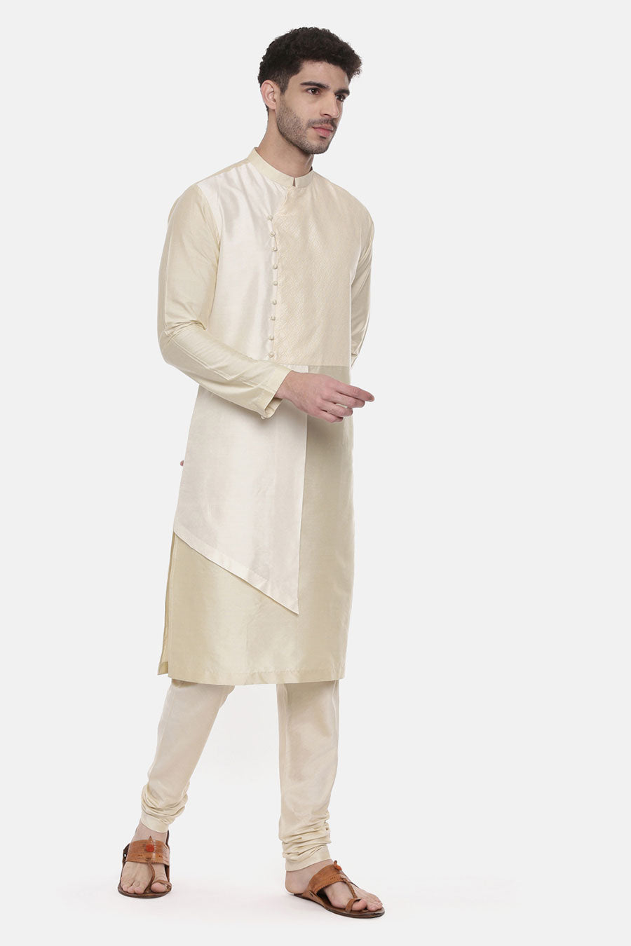 Beige & Ivory Stitch-Detailed Panel Kurta Set