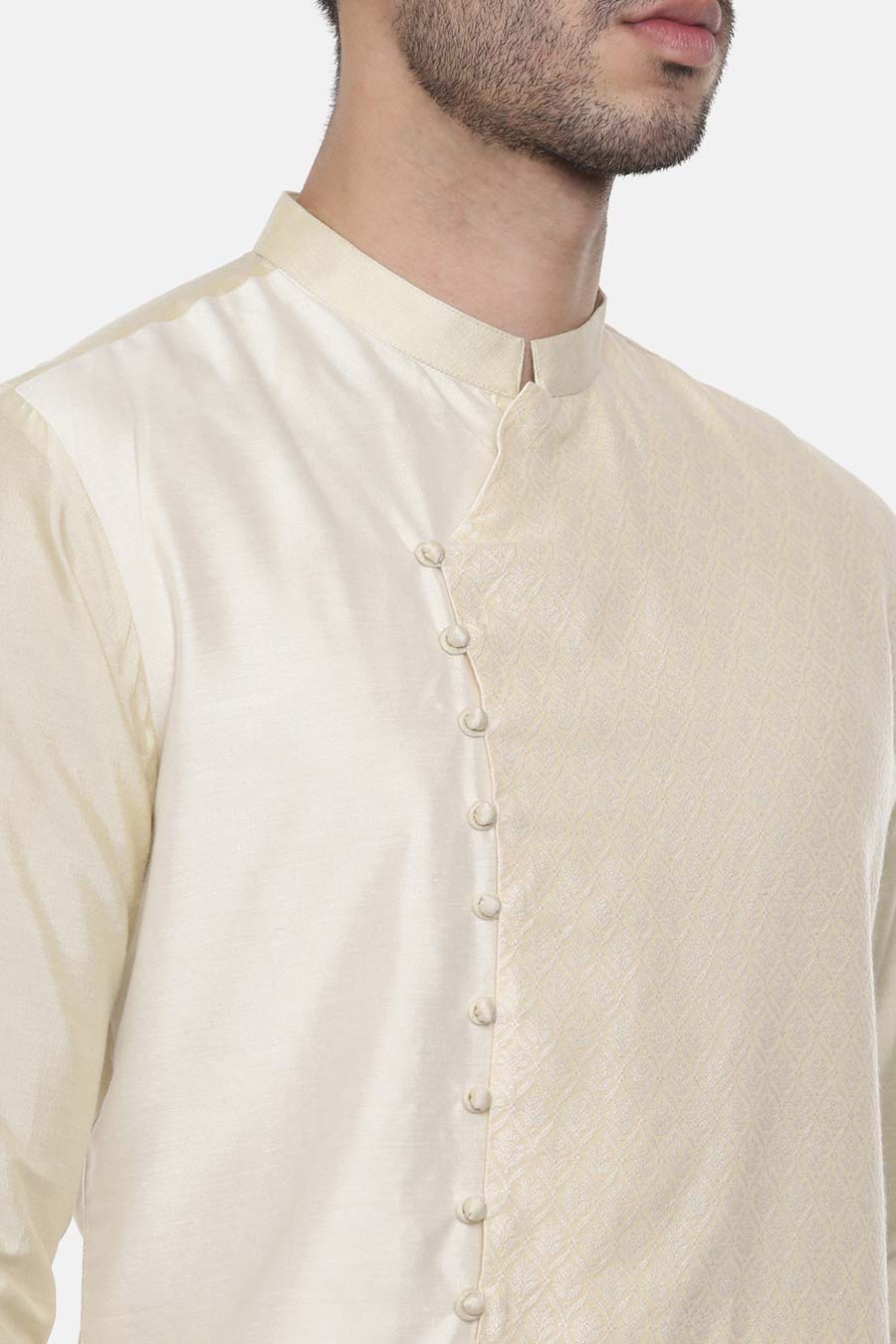 Beige & Ivory Stitch-Detailed Panel Kurta Set