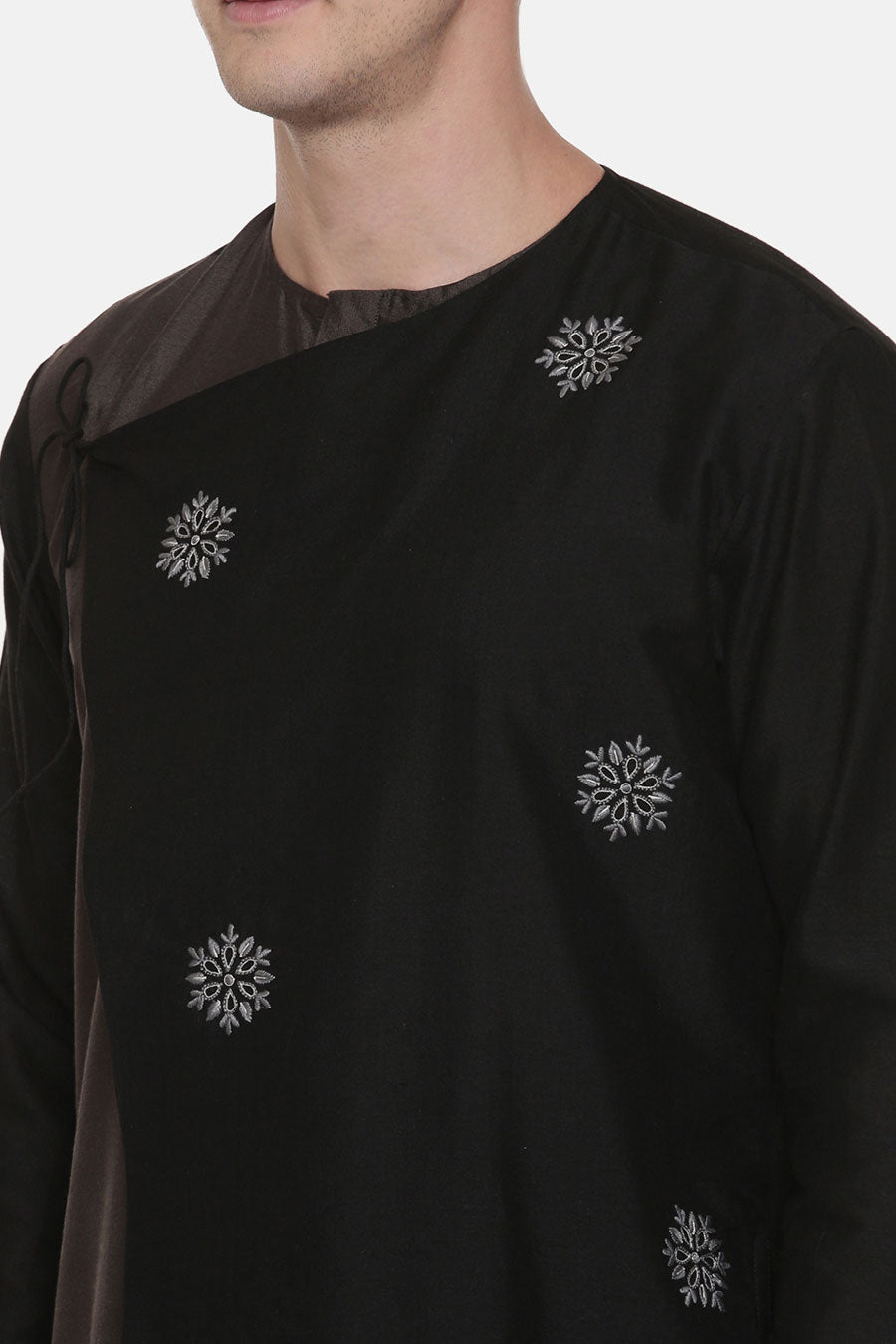 Black & Grey Embroidered Tie-Up Kurta Set