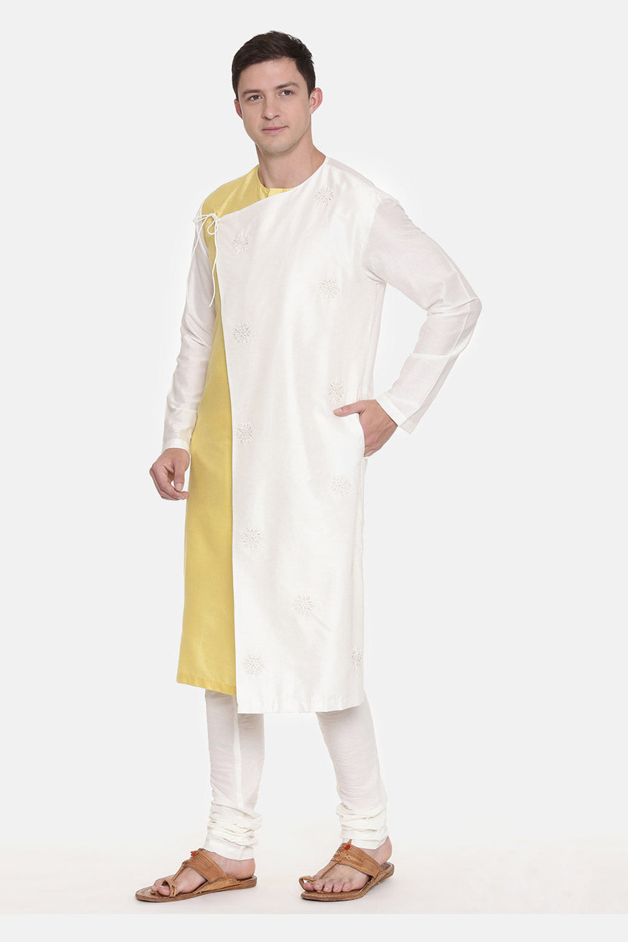 Yellow & Ivory Embroidered Tie-Up Kurta Set