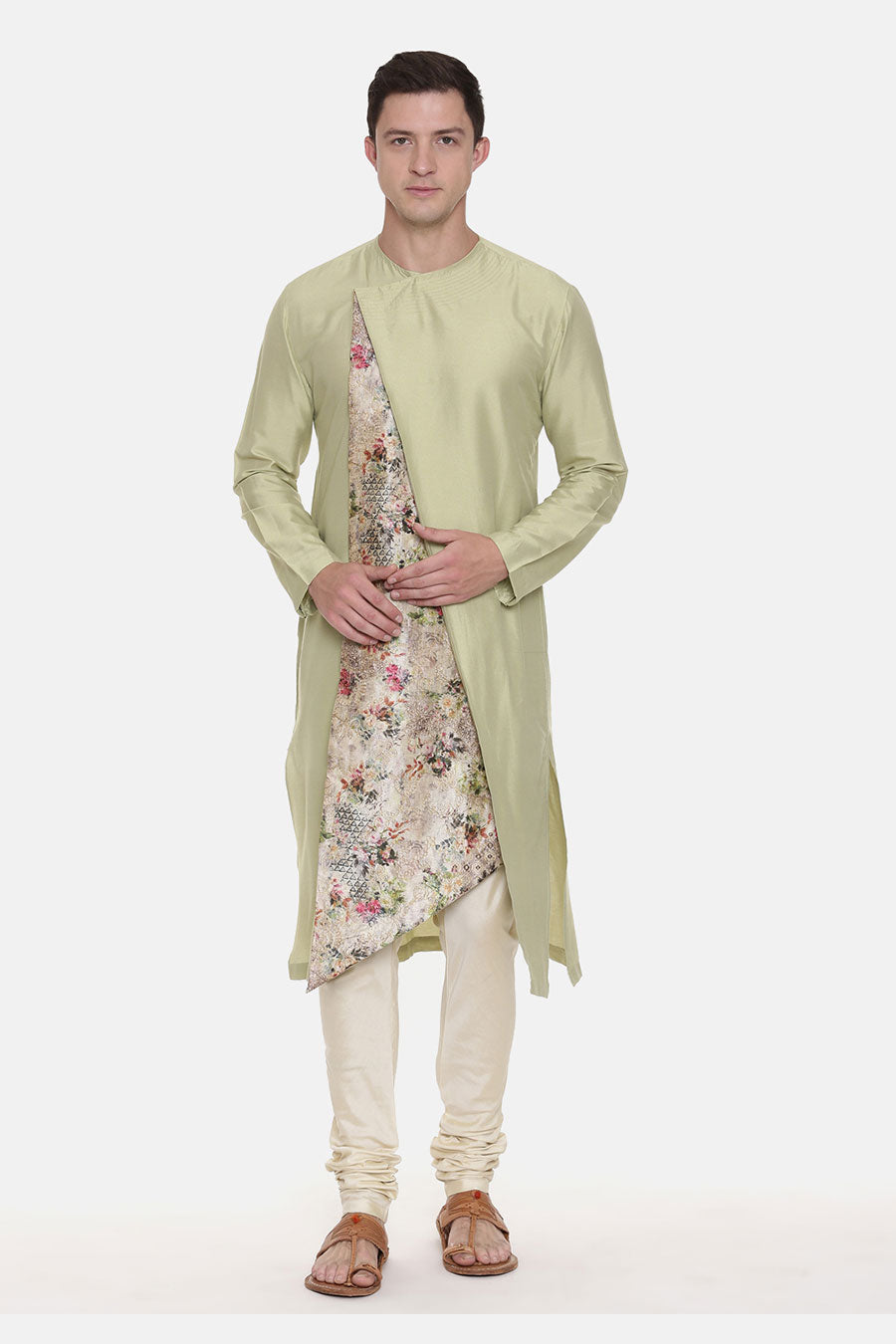 Pista Green Chanderi Printed Kurta Set