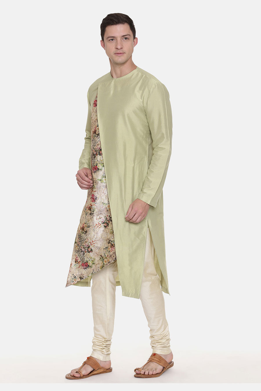 Pista Green Chanderi Printed Kurta Set
