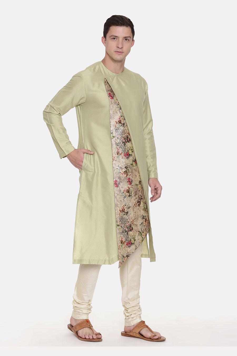 Pista Green Chanderi Printed Kurta Set