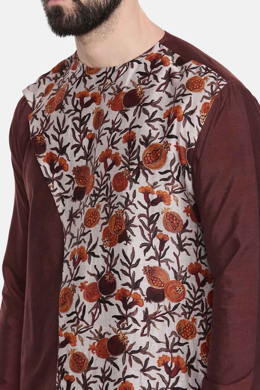 Brown Printed Panel Kurta Set