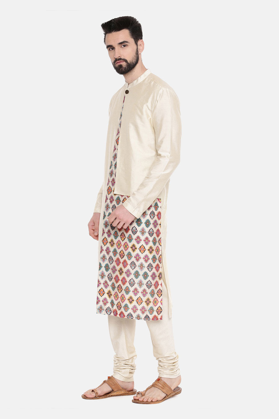 Beige Printed Panel Kurta Set