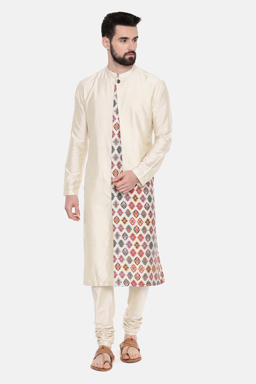 Beige Printed Panel Kurta Set