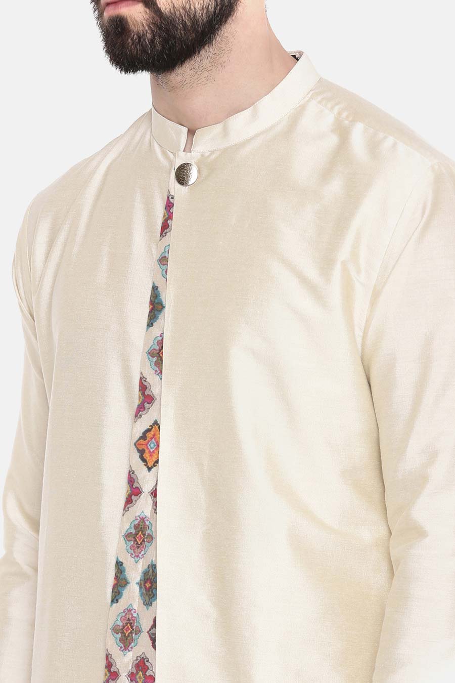 Beige Printed Panel Kurta Set