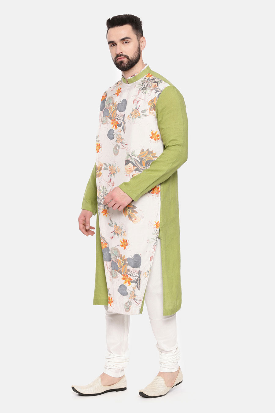 Green Printed Panel Kurta Set