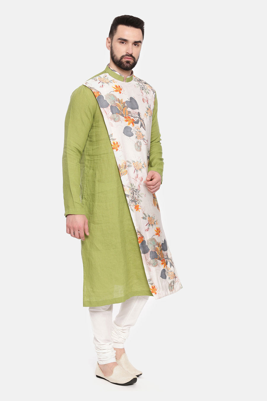 Green Printed Panel Kurta Set