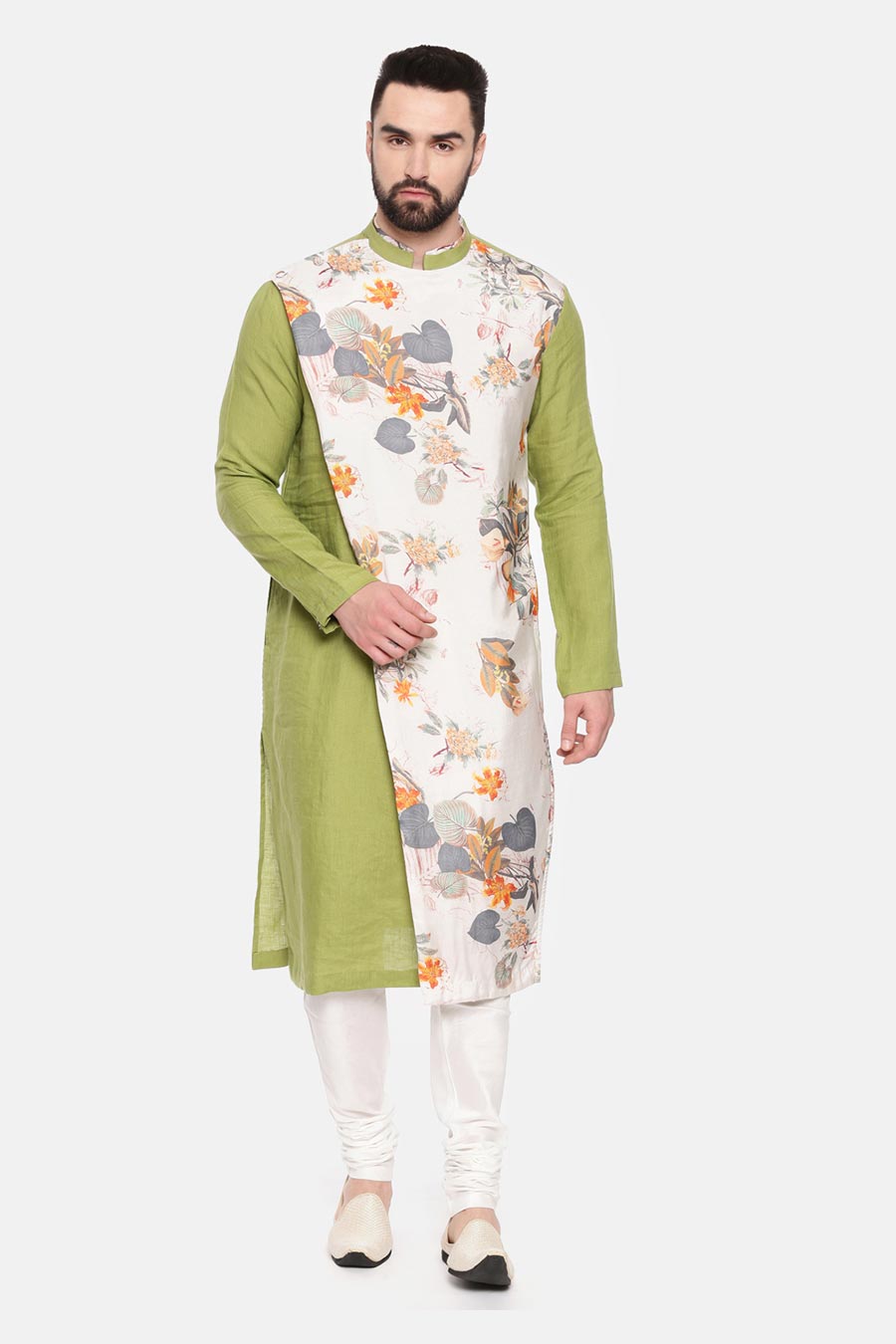 Green Printed Panel Kurta Set