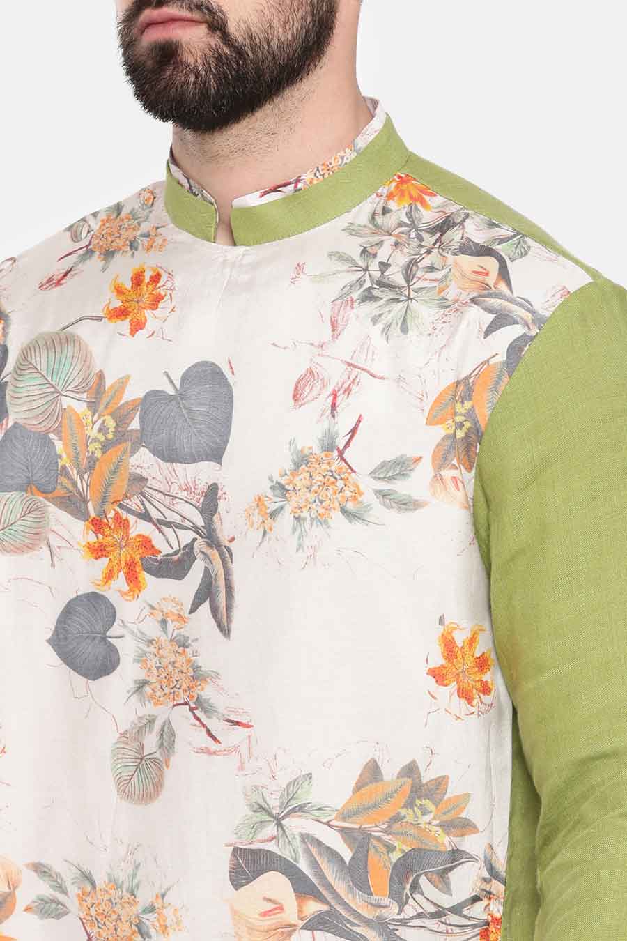 Green Printed Panel Kurta Set