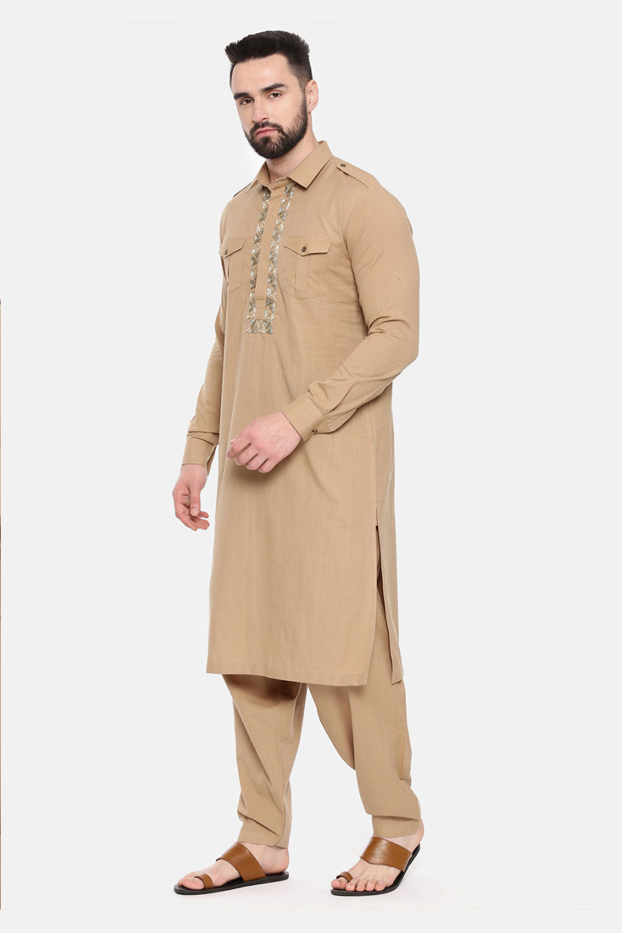 Khaki Embellished Pathani Kurta Set
