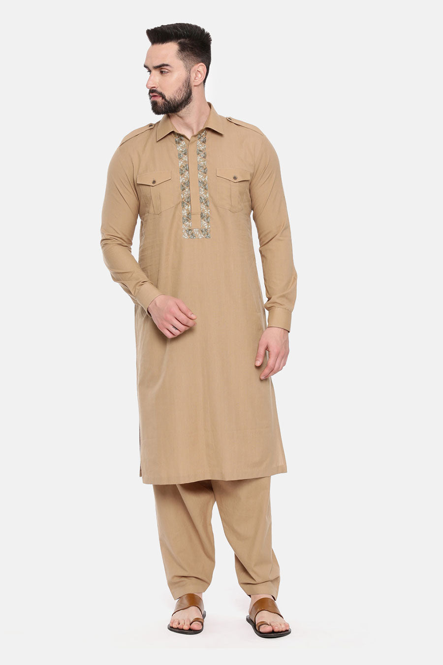 Khaki Embellished Pathani Kurta Set