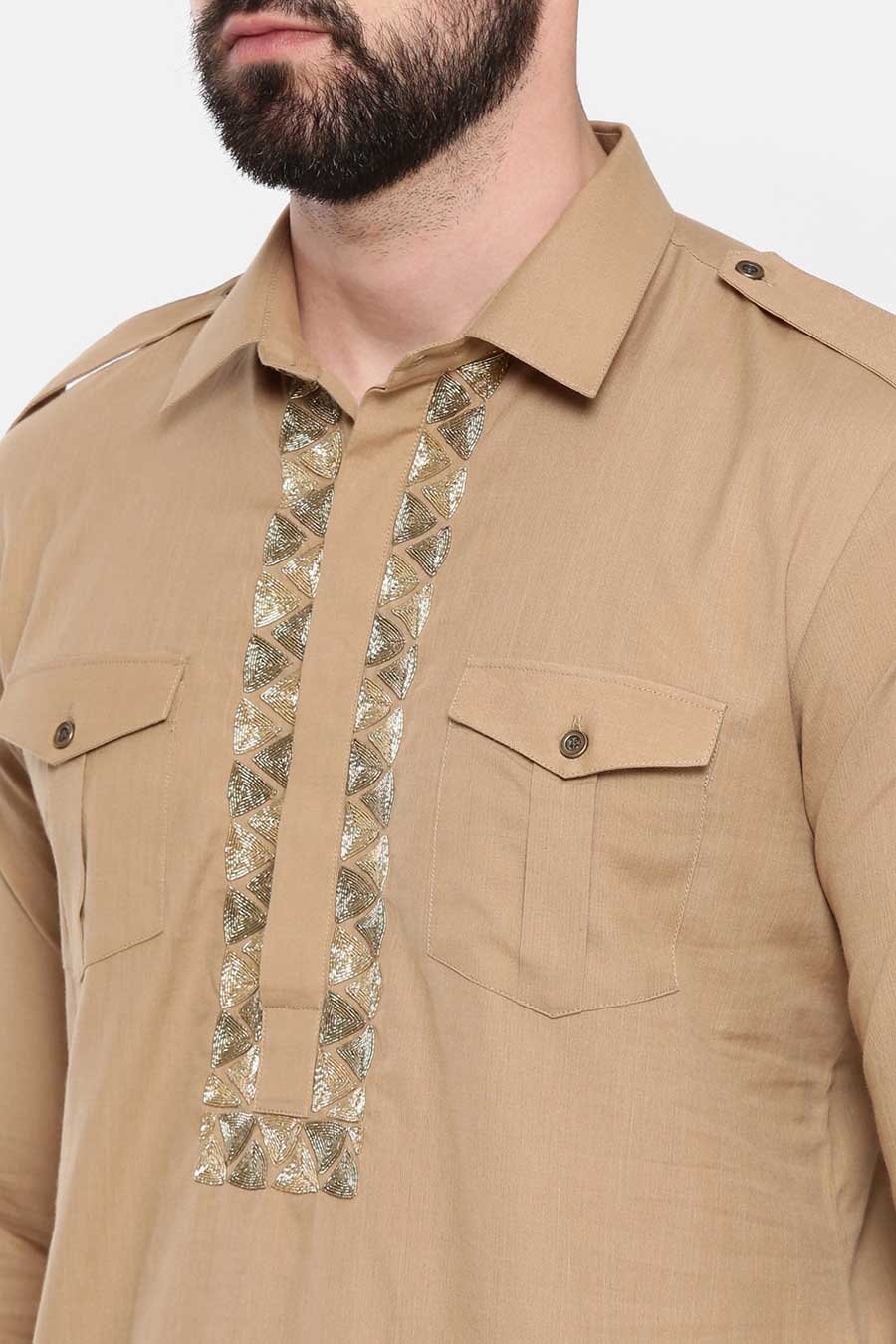 Khaki Embellished Pathani Kurta Set