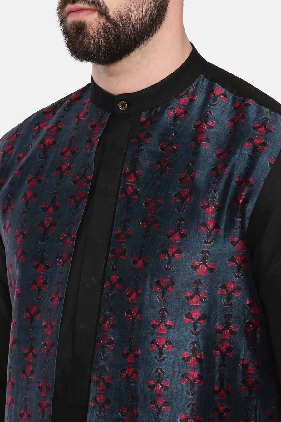 Black Printed Panel Kurta Set
