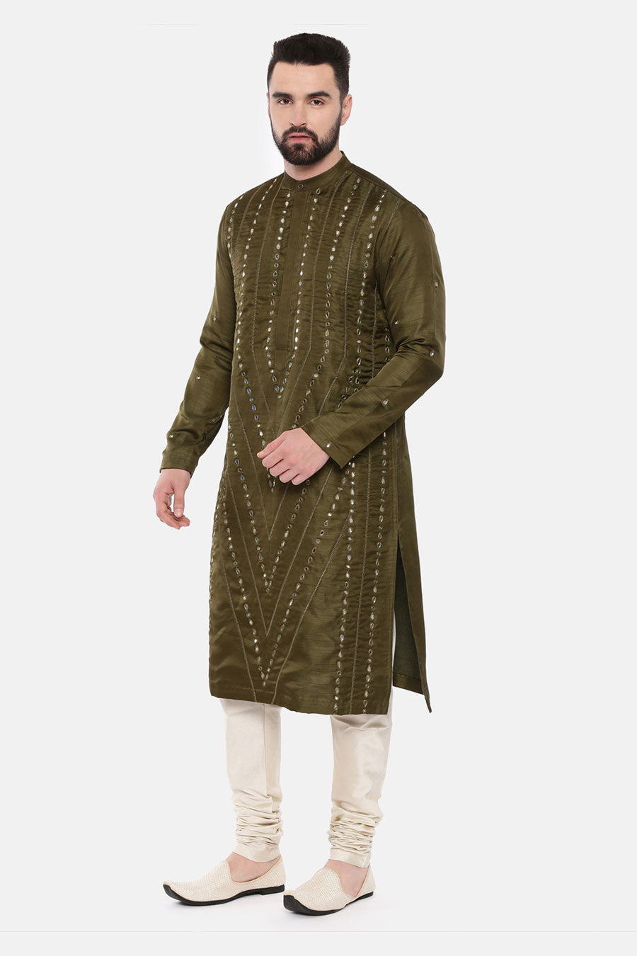 Mehandi Green Mirror-Work Kurta Set