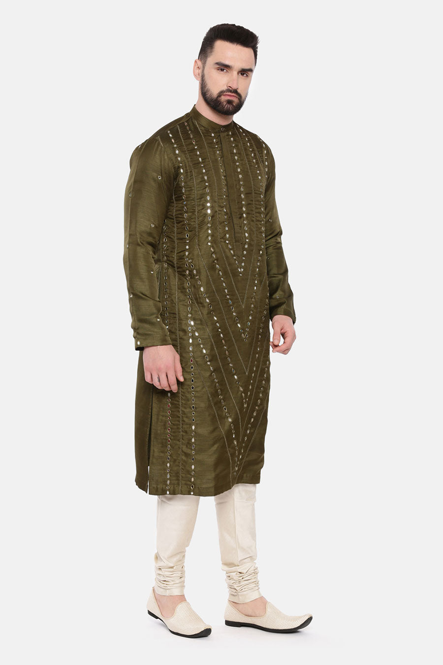 Mehandi Green Mirror-Work Kurta Set