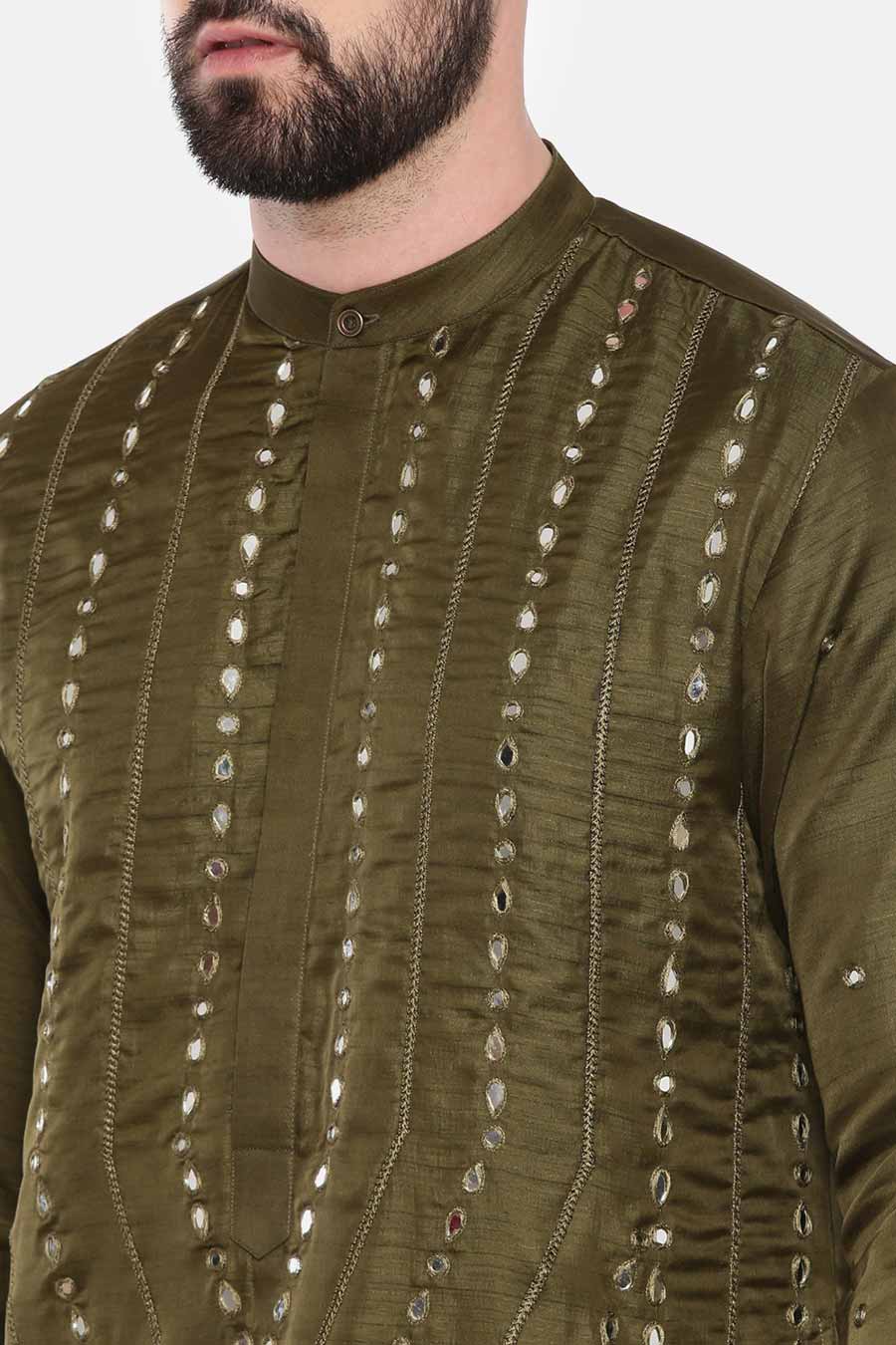 Mehandi Green Mirror-Work Kurta Set