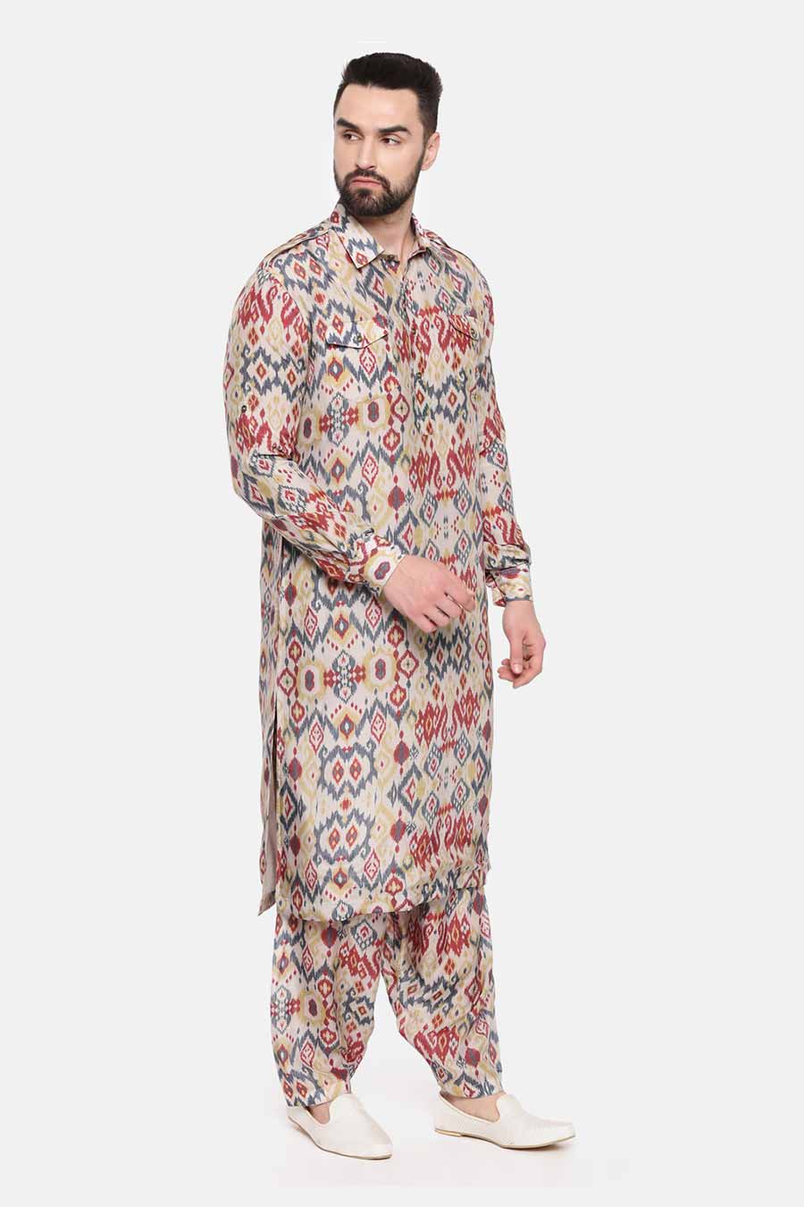 Beige Printed Pathani Kurta Set
