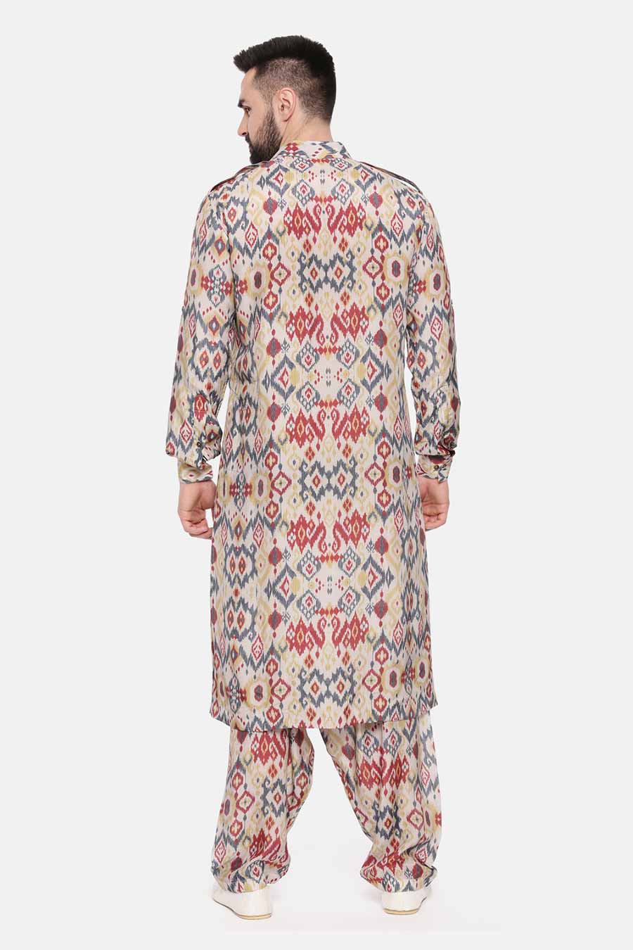 Beige Printed Pathani Kurta Set
