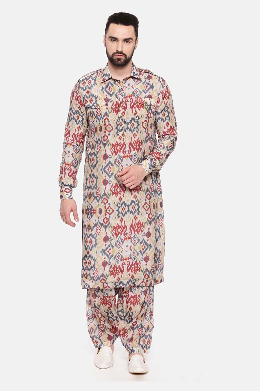 Beige Printed Pathani Kurta Set