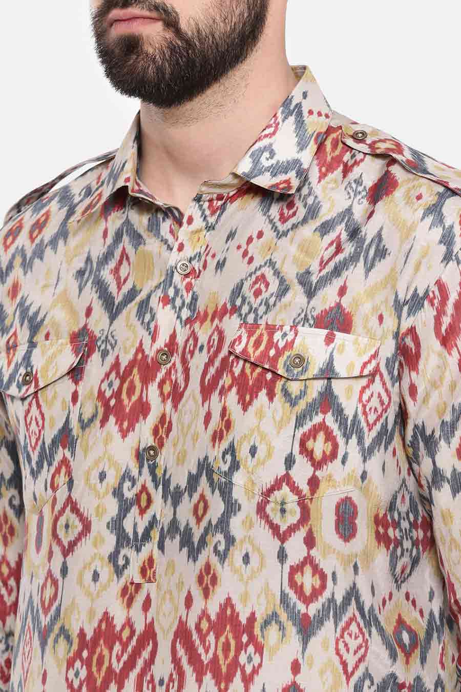 Beige Printed Pathani Kurta Set