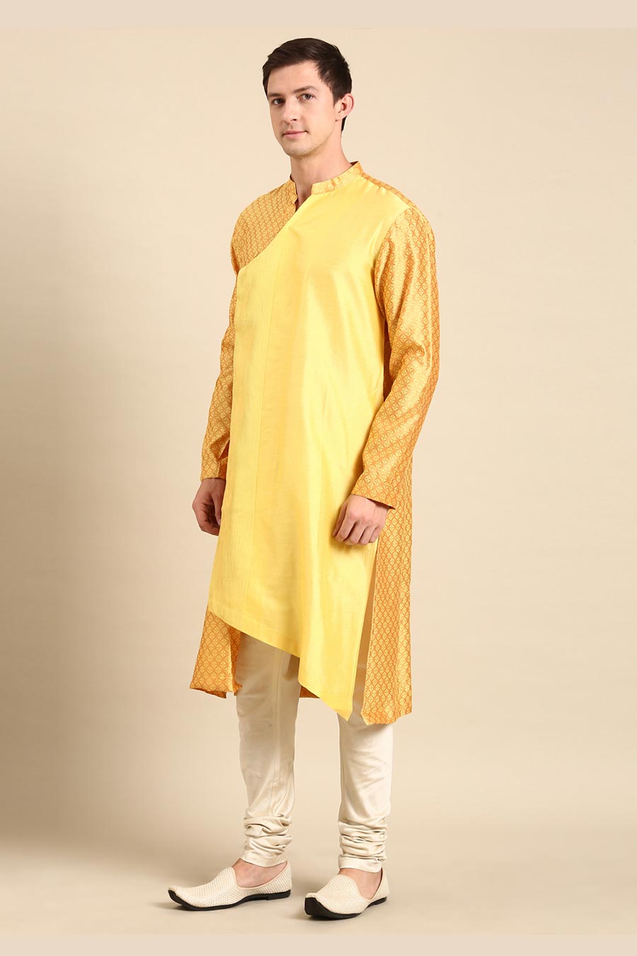 Yellow Jacquard Panelled Kurta Set