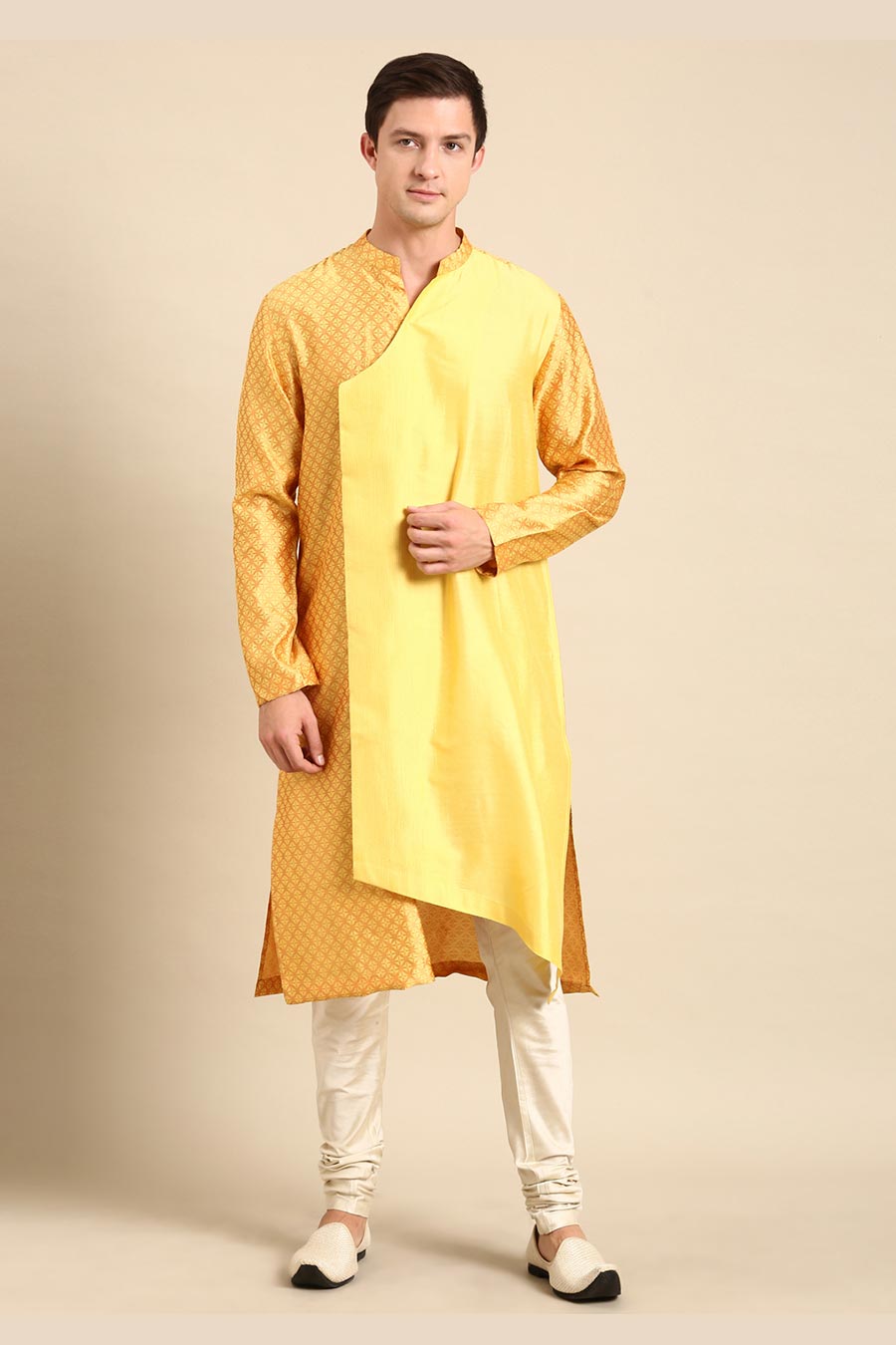 Yellow Jacquard Panelled Kurta Set