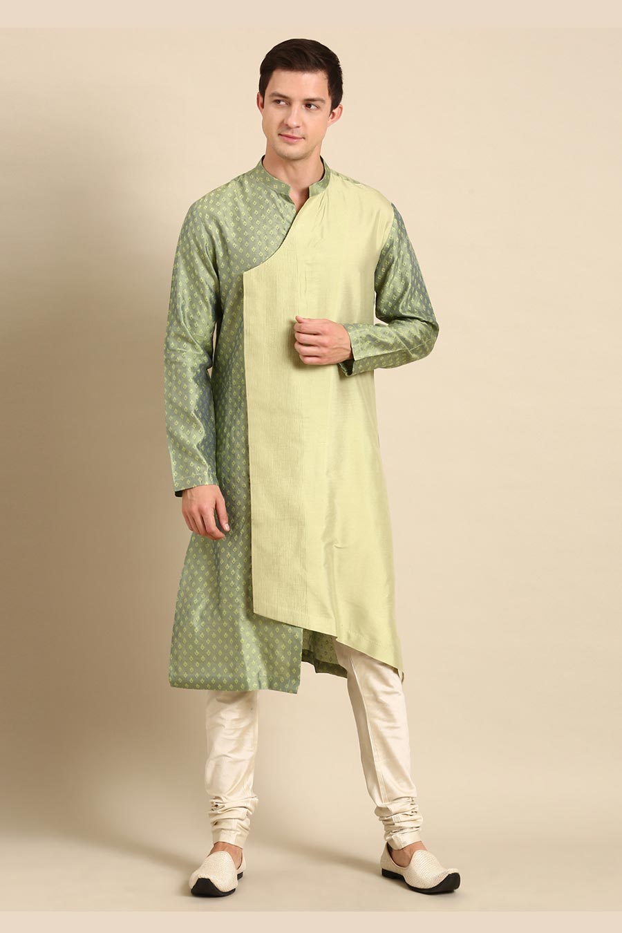 Green Jacquard Panelled Kurta Set