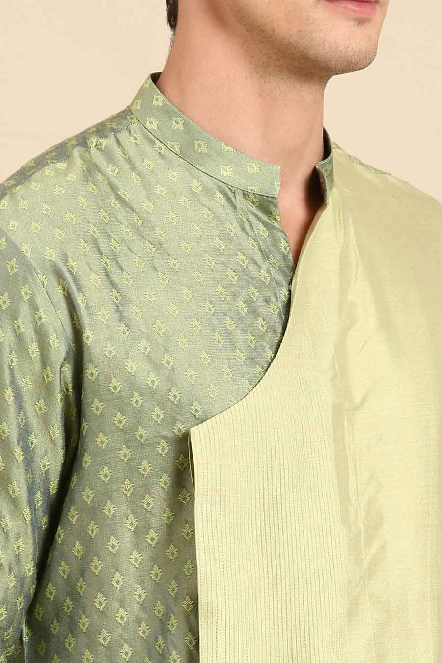 Green Jacquard Panelled Kurta Set