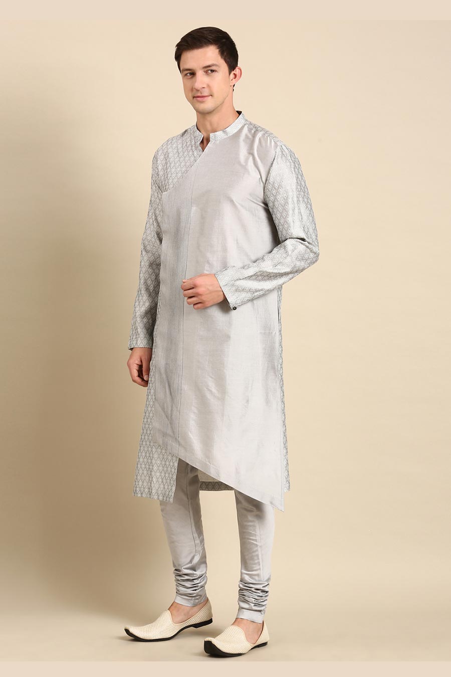 Grey Jacquard Panelled Kurta Set