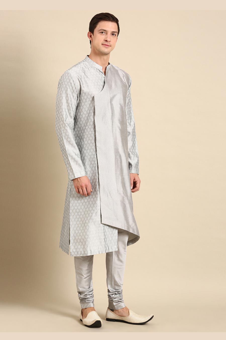 Grey Jacquard Panelled Kurta Set