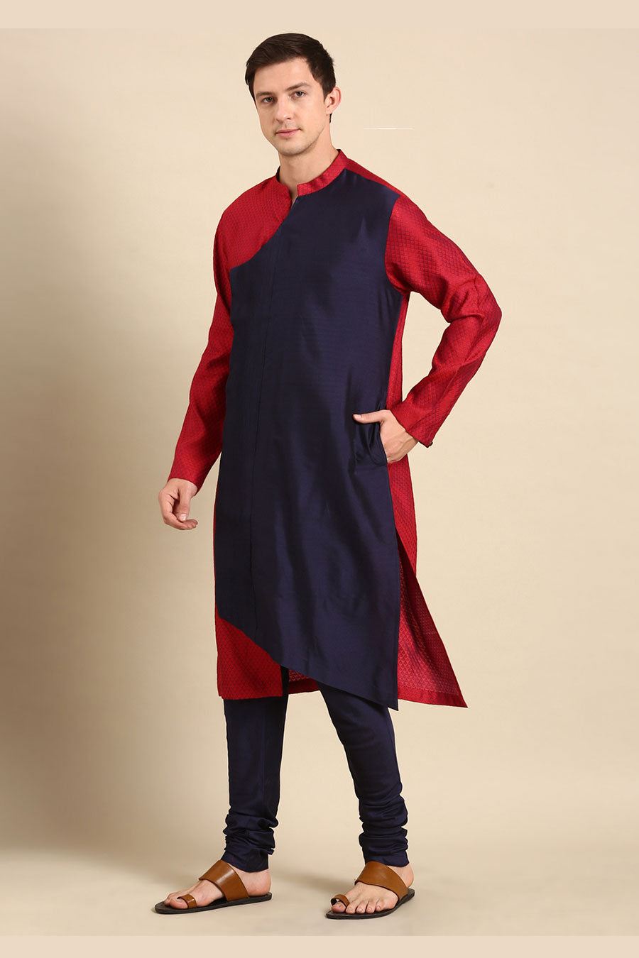 Red & Blue Jacquard Panelled Kurta Set