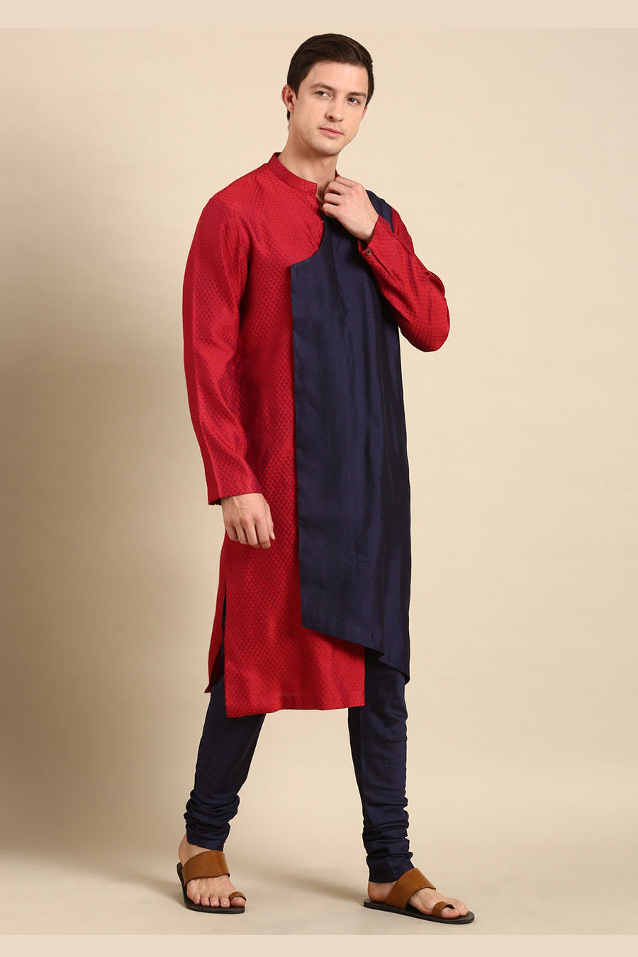 Red & Blue Jacquard Panelled Kurta Set