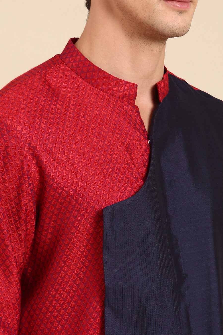 Red & Blue Jacquard Panelled Kurta Set