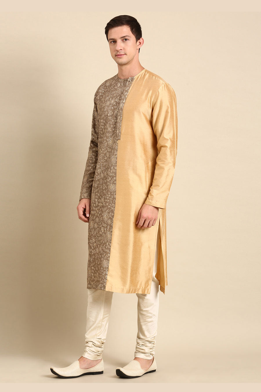 Brown & Gold Chanderi Embroidered Kurta Set