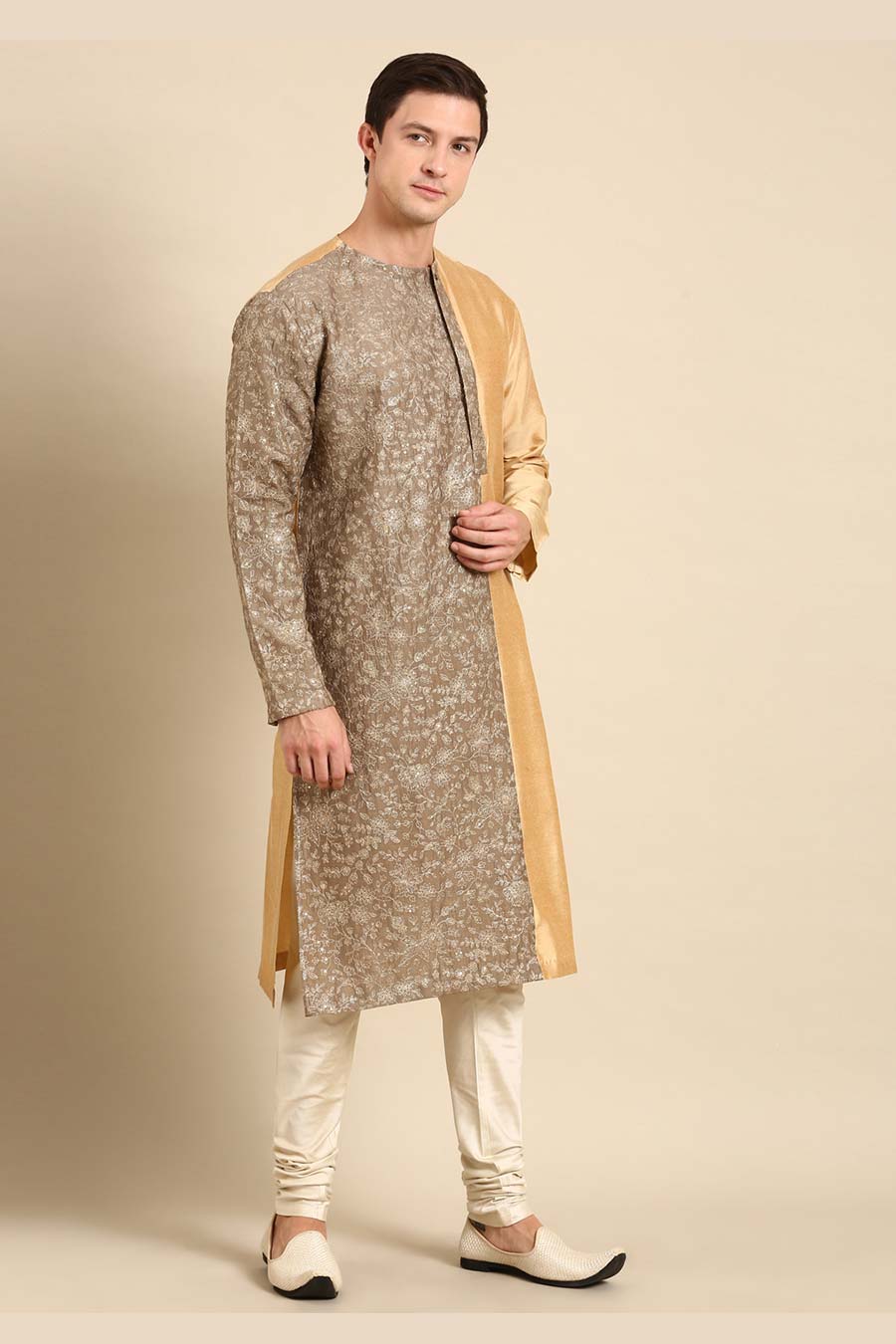 Brown & Gold Chanderi Embroidered Kurta Set