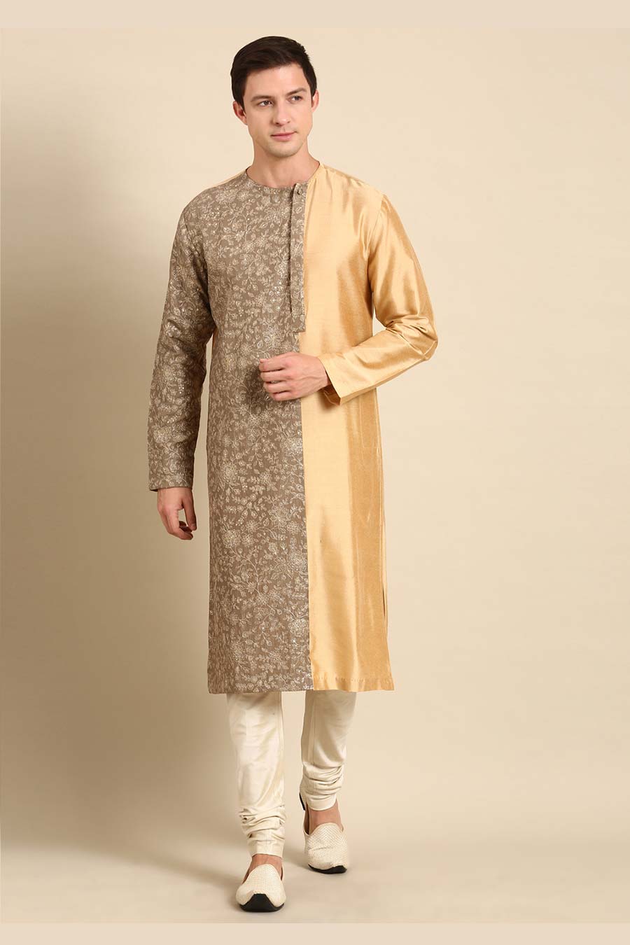 Brown & Gold Chanderi Embroidered Kurta Set