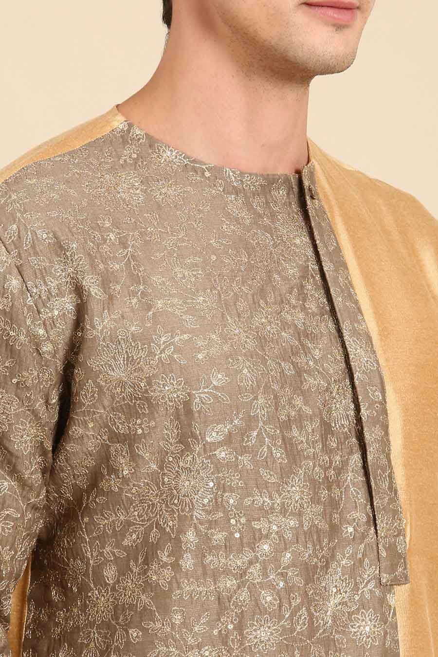 Brown & Gold Chanderi Embroidered Kurta Set