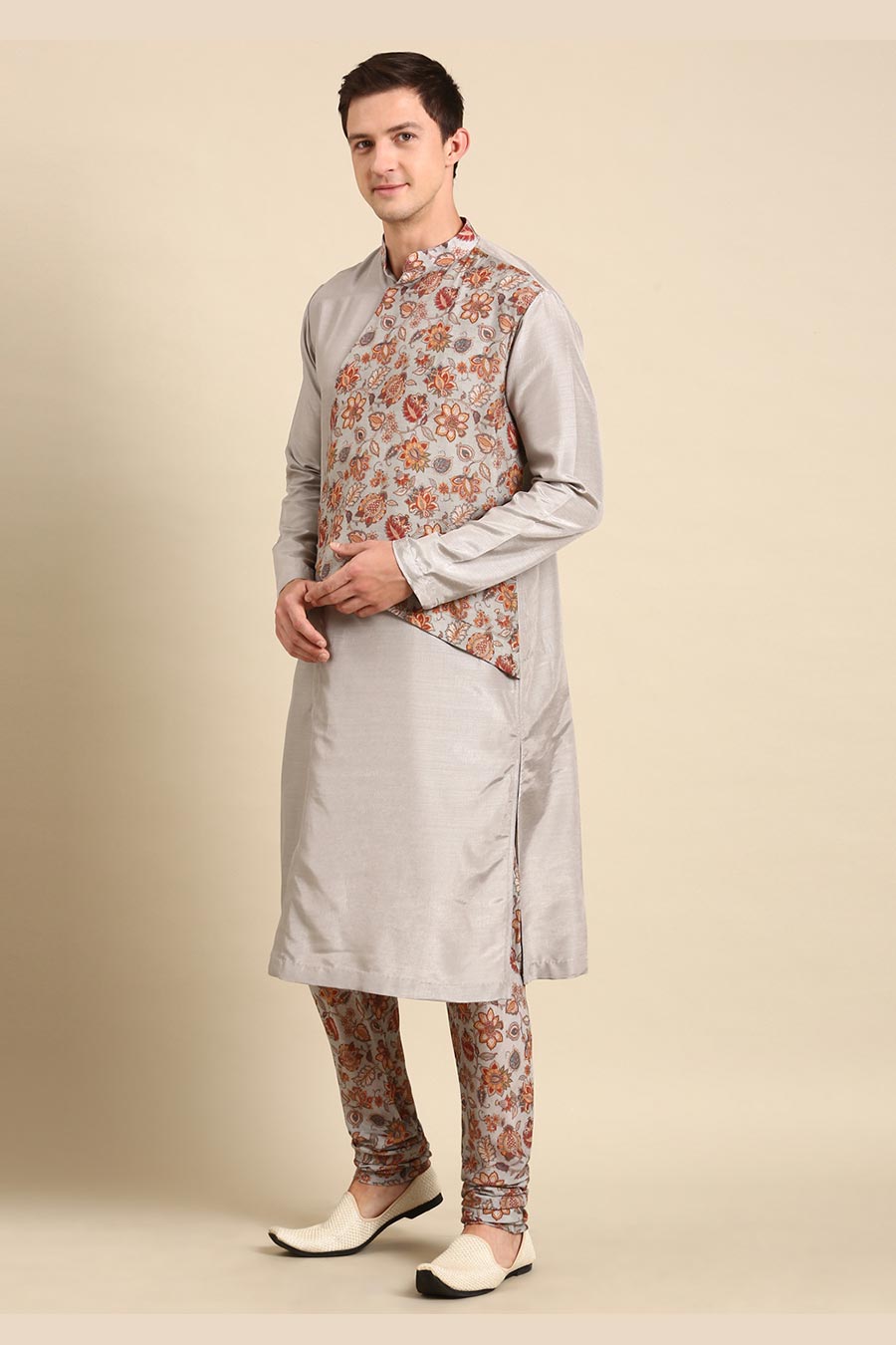 Grey Printed Panel Kurta Set