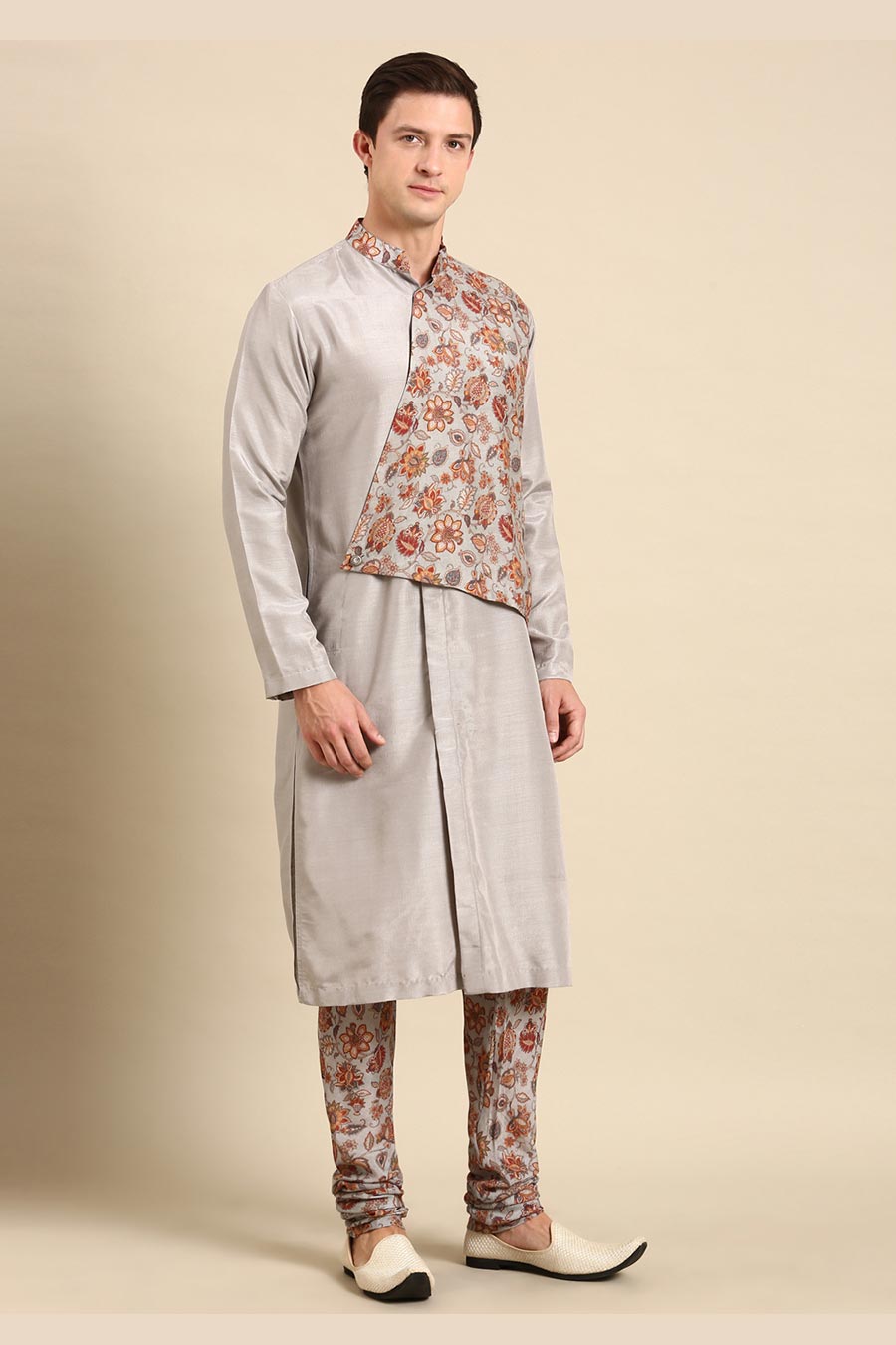 Grey Printed Panel Kurta Set
