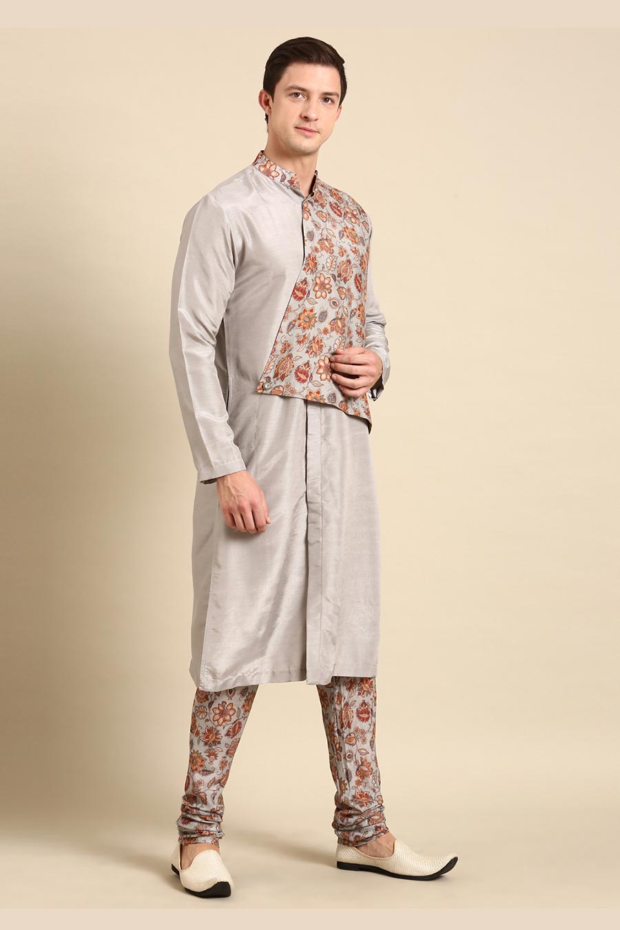Grey Printed Panel Kurta Set