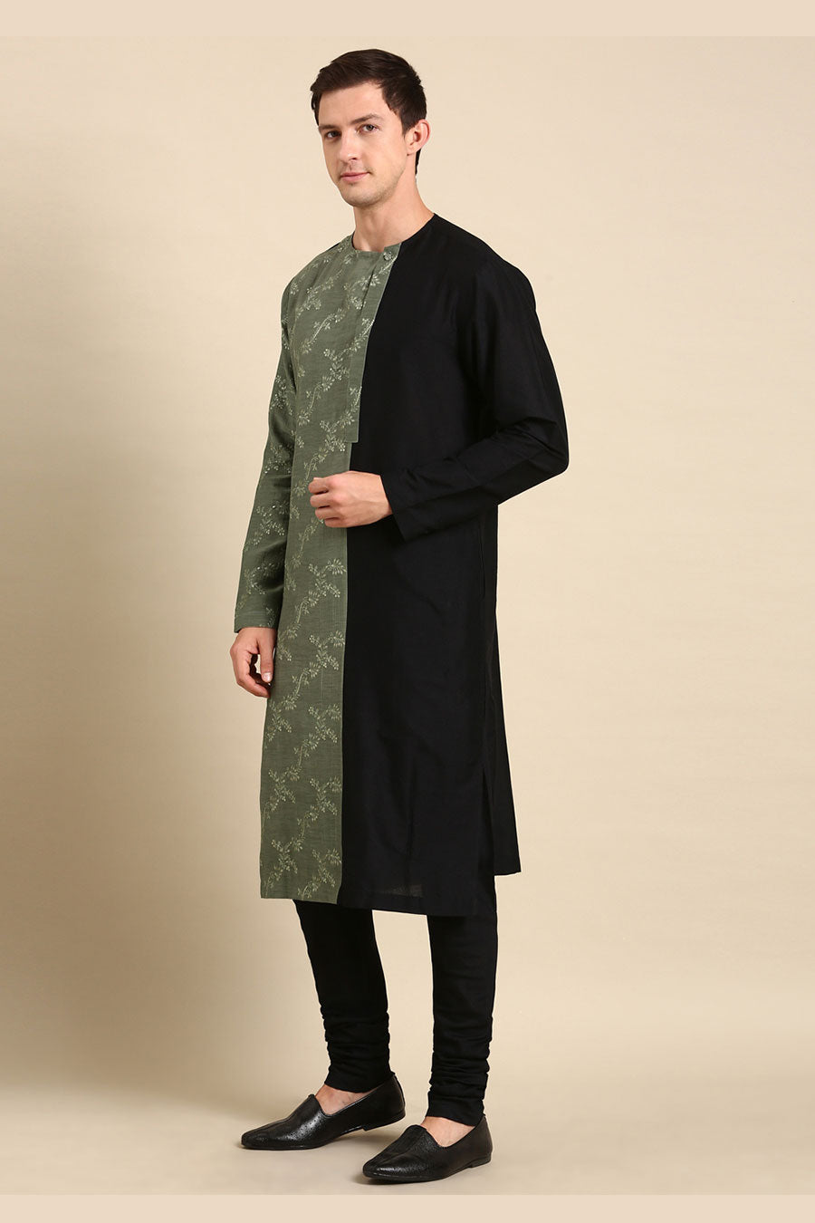 Black & Green Chanderi Embroidered Kurta Set