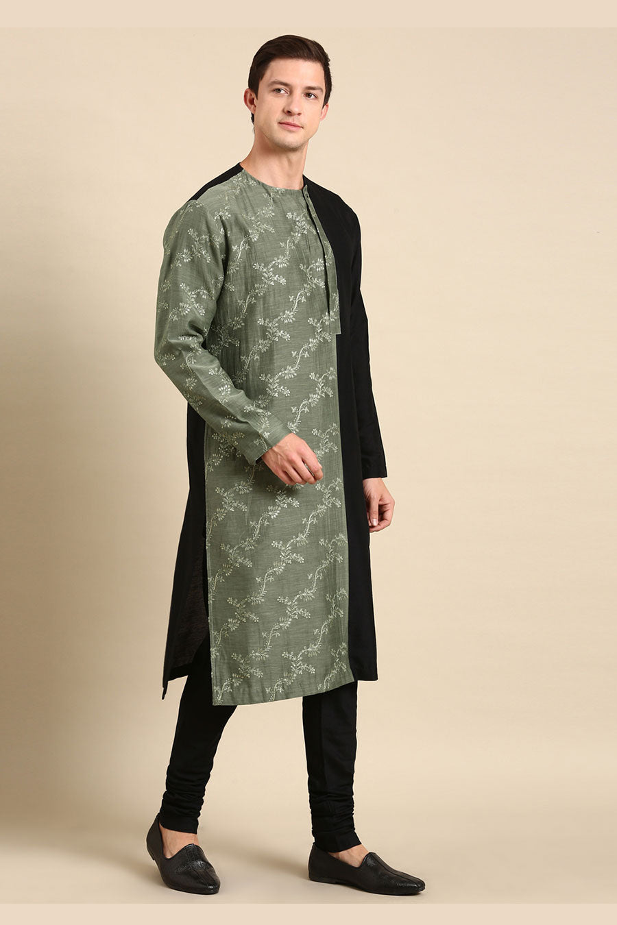 Black & Green Chanderi Embroidered Kurta Set
