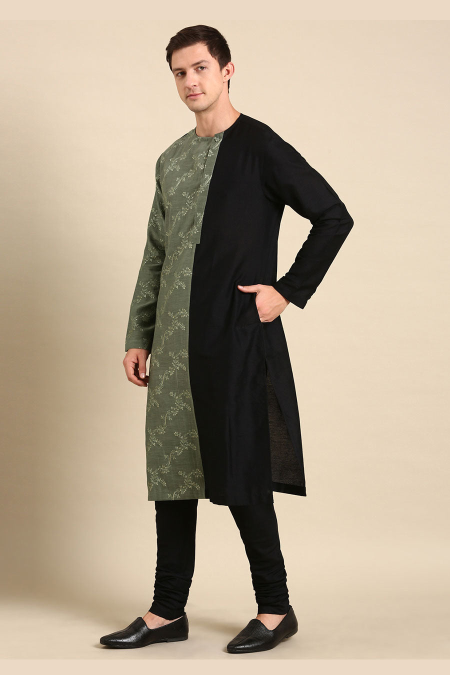 Black & Green Chanderi Embroidered Kurta Set