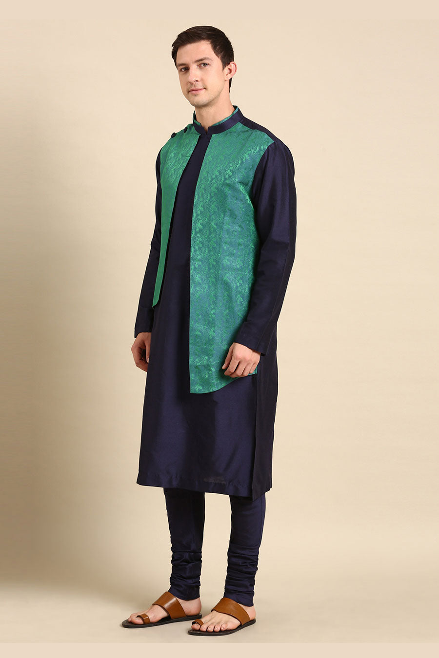 Blue & Green Jacquard Panel Kurta Set