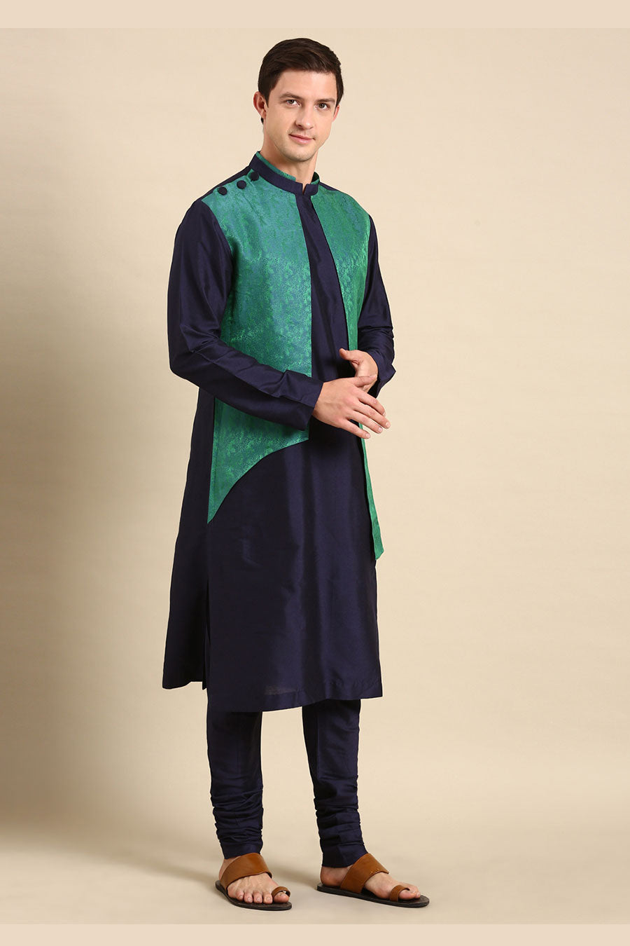 Blue & Green Jacquard Panel Kurta Set